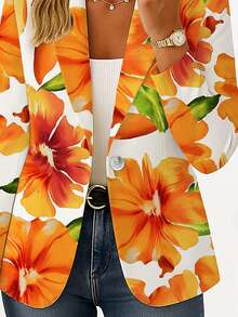 Fashionable Casual Urban Floral Print Women's Lapel Button Pocket Jacket