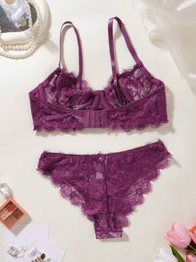 1 Set Women Lace Embroidery Wireless Bra And Panty Set - Purple - View 2