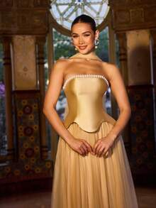 Faeriesty Elegante vestido de noche con hombros descubiertos, con corpiño estructurado y vestido de gasa fluido - Diseño lujoso y clásico adecuado para sesión de fotos de boda, boda de lujo, aniversario romántico, cena formal y eventos de gran gala de primavera - Dorado - Ver 11
