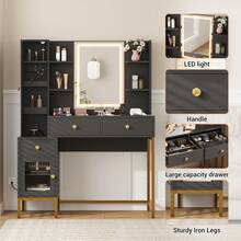 Tocador con luces, 3 modos de iluminación, escritorio con estación de carga, taburete acolchado suave, tocador moderno con 3 cajones, armario y estantes abiertos para dormitorio. - Negro - Ver 8