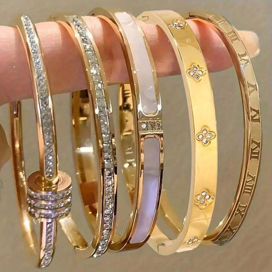 1pcs Classic Versatile  Stackable Bracelets Shiny Decoration Non-Fading High-End Jewelry - 金色 - 查看 1