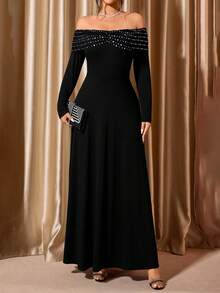 Women's Elegant Sequin Splice Off Shoulder Long Sleeve Maxi Dress, Suitable For Valentine's Day, Party, Date, Commute, Daily Wear - Black - View 3