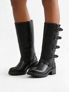 Fashion Riding Knee High Boots For Women Round Toe Mid Chunky Heel Buckle Side Zipper Wide Calf Boots Winter Outdoor Footwear For Women - 黑色 - 查看 6