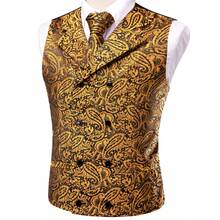 Mens Waistcoat Golden Yellow Paisley Vest Tie Handkerchief Cufflinks Set Tuxedo Gilet Wedding Formal Casual - Vàng - Xem 2