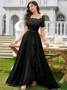 MIUSOL Elegant Women's Floral Lace Boat Neck Contrast Chiffon Maxi Dress With Ruffle Trim Flowing Hem, Formal A-Line Gown For Wedding Guest, Evening Party And Holiday - 黑色 - 查看 6