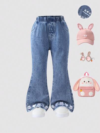 Bộ trang phục thường ngày năng động cho bé gái, quần jean ống loe rách họa tiết trái tim hình thỏ dễ thương với viền lông mềm mại, thích hợp cho hoạt động ngoài trời và kỳ nghỉ.