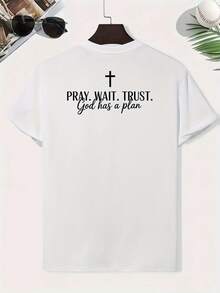 Camiseta de hombre con estampado religioso en la espalda - Azul Marino "Ruega, espera, confía, Dios tiene un plan". Corte holgado, talla grande, manga larga, estilo Y2K, camiseta con diseño - Blanco - Ver 2