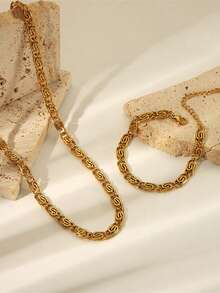 1 Set Fashionable Versatile Stainless Steel Chain Necklace + Bracelet Gold Color Jewelry Set, Suitable For Daily Wear And Gift - Yellow Gold - View 2