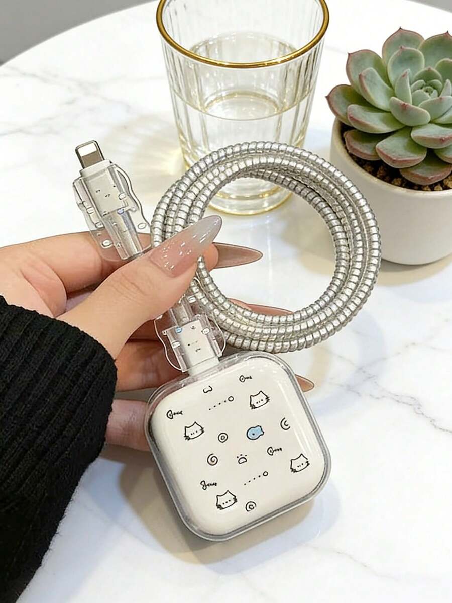 4pcs Transparent TPU Cat & Fish Shaped Cable Protector And 17/40W Fast Charger Adapter Protector Set Compatible With Apple - Multicolor - View 1