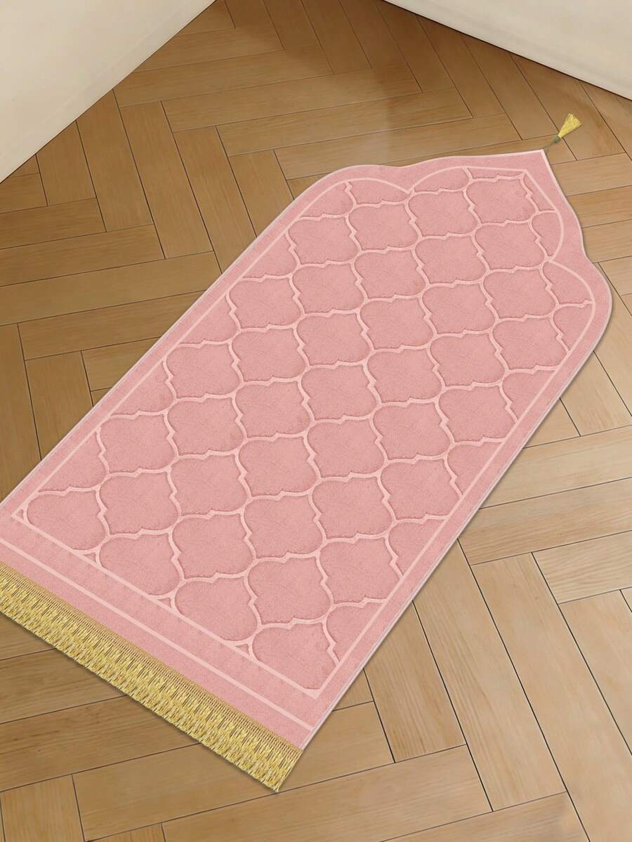 1pc Pink Flannel Muslim Prayer Mat, Thick Sponge Soft Directional Mecca Prayer Carpet, Ramadan Home Decor Rug With Classic Embossed Design - Pink - View 1
