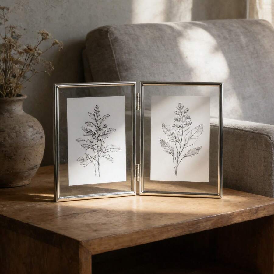 Marco de fotos de metal flotante transparente dual plateado elegante, marco de fotos plegable para retrato de pareja de 6/7/8/10 pulgadas, decoración del hogar de alta gama