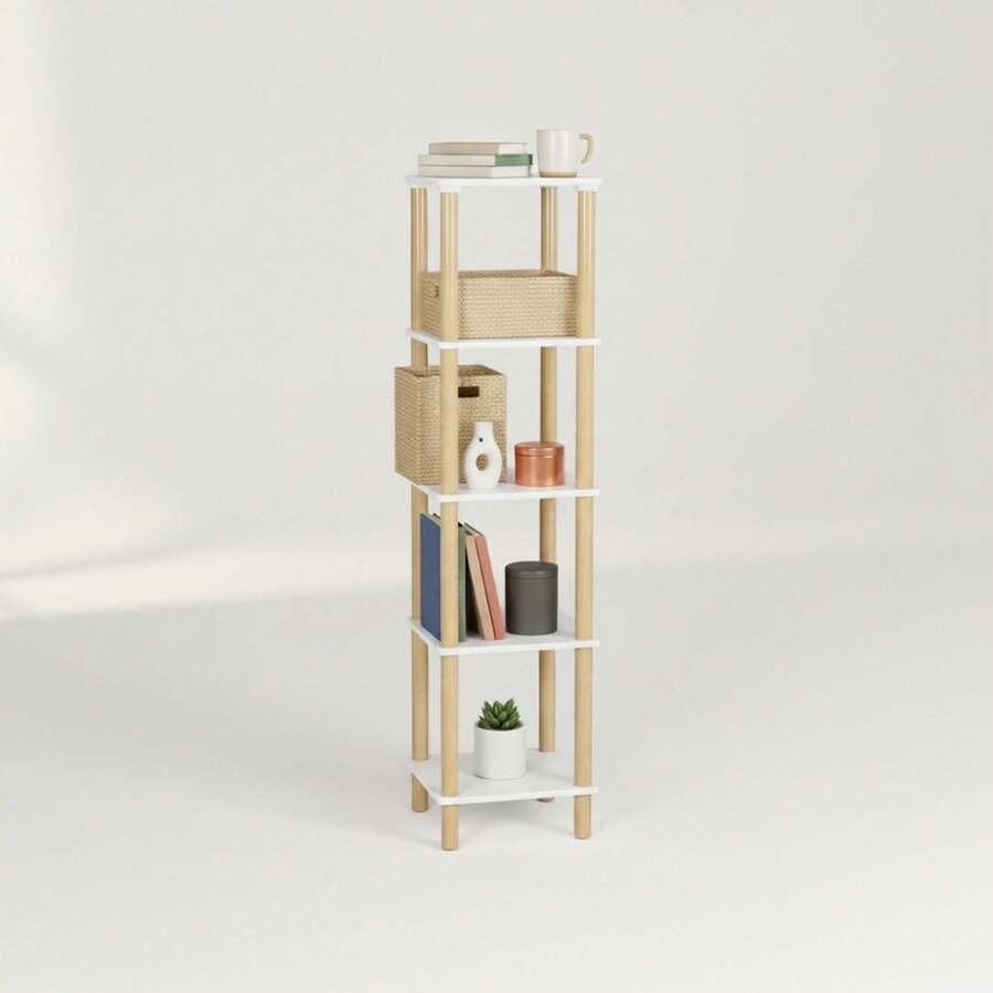 Ecommerc3 MOBLEKIT | 木質、金屬和竹製輔助置物架,無需螺絲即可組裝,多功能家具,不同層數,可用於收納書籍、鞋子和家居裝飾品 - 免費送貨 ✅ 24/48 小時送達西班牙大陸 - Blanco - 35x35x138 厘米 - 查看 1