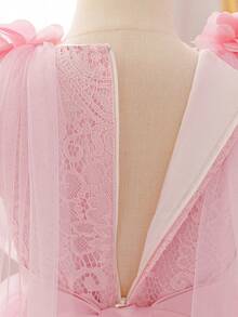 3-12岁女孩优雅碎花伴娘礼服，蓝色蓬蓬薄纱长裙，时尚靓丽，适合婚礼、生日、派对、演出和特殊场合。 - 粉色 - 查看 7