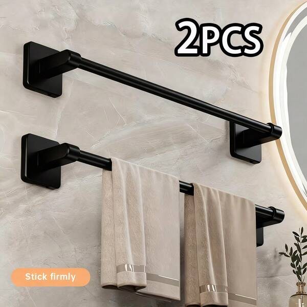 2 barras para toallas, barras de toalla sin taladro, montadas en la pared con adhesivo para toallas de mano o de baño, adecuadas para baño y cocina, color negro mate