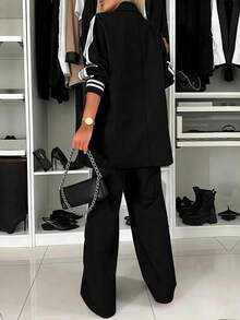 2pcs Women's Striped Ribbon Double-Breasted Blazer Jacket And Straight Leg Pants, Office & Casual Wear Spring Black - Black - View 5