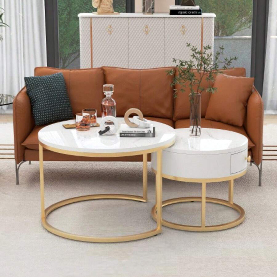 (WF303615AAW Instructions Changed) Modern Nesting Coffee Table High Gloss Marble Pattern Set Of 2 Round Coffee Tables Round Nested Side Table - Gloss White - View 1
