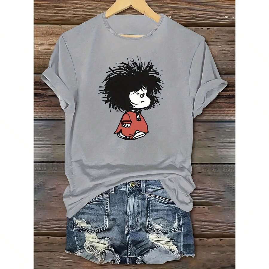 Women's Fashion With Mafalda Print, T-Shirts Made Of 100% Premium Cotton, Summer Fashion, Casual Everyday Style, Flattering T-Shirt Design. Place Your Order, Fast Delivery. - 灰色 - 查看 1
