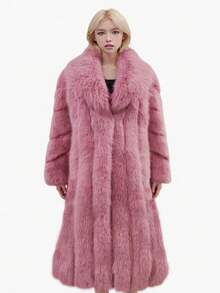 FHILLINUO Elegant Plus Size Long Pink Faux Fur Coat With Waterfall Neckline And Regular Long Sleeves - Pink - View 9