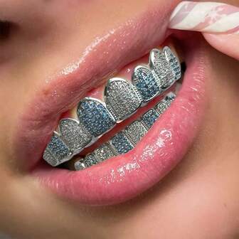 12 Months Usable, 2 Styles Available, 1pc Blue & White Zirconia Studded Hip Hop Grillz, Made Of High-Strength Copper Alloy, Suitable For Christmas Party, Graduation, Birthday And Valentine's Day Gifts