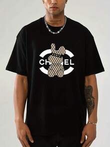 Camiseta Casual Unisex de Algodón Puro con Impresión Creativa de Conejo y Letras, Top de Manga Corta Transpirable Adecuado para Deportes al Aire Libre en Primavera y Verano, Playa, Correr, Golf - Regalo Perfecto, Ropa de Actividad en la Playa|   Diseño interesante - Negro - Ver 2