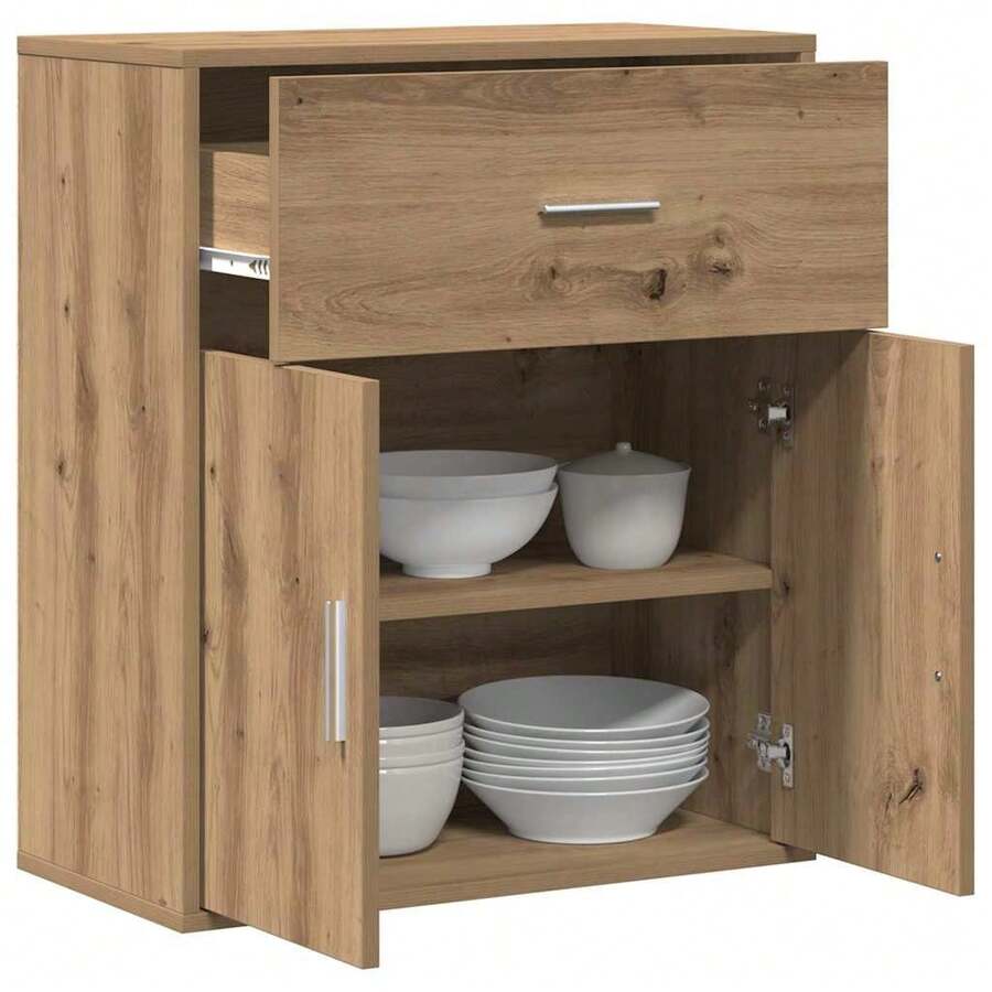 Buffet vidaXL en chêne, fabrication artisanale, 60 x 31 x 70 cm, bois d'ingénierie - Tabac - Voir 1