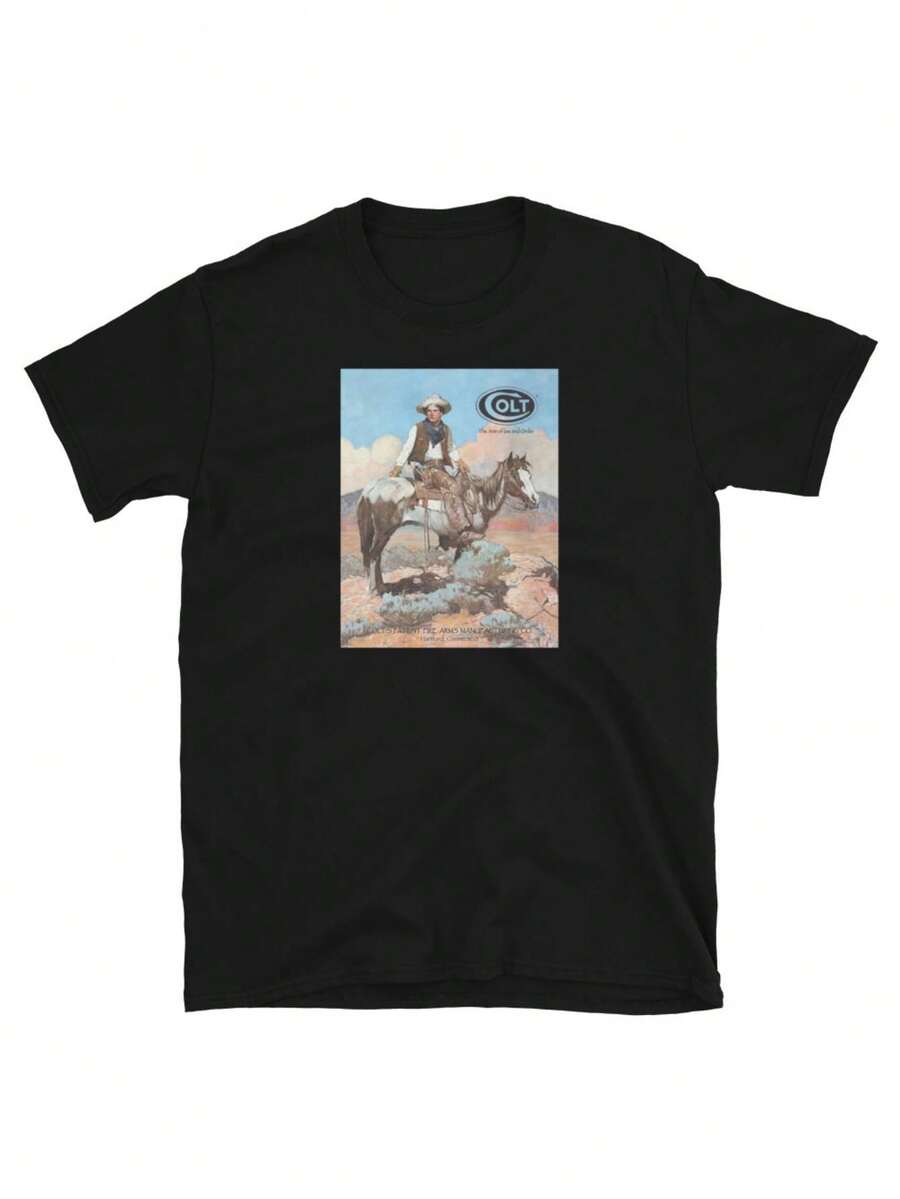 Colt Firearms, Cowboy, 2nd Amendment, Patriotic, Printed T-Shirt - 黑色 - 查看 1