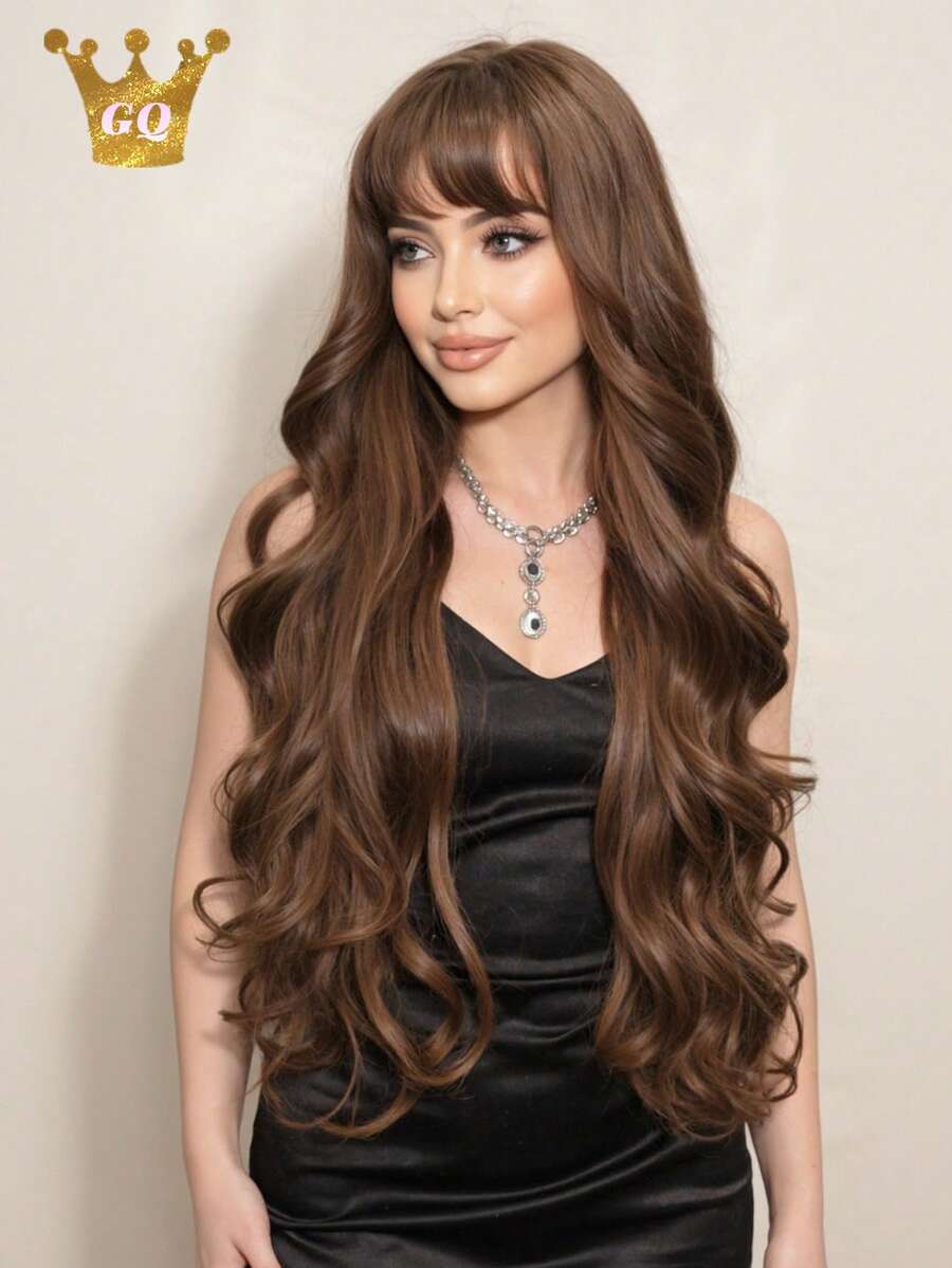 Tóc giả dài 30 inch màu nâu xoăn có mái, tóc giả xoăn bồng bềnh cho nữ, tóc giả tổng hợp chịu nhiệt tự nhiên, thích hợp cho công sở, tiệc tùng và sử dụng hàng ngày. - màu nâu - Xem 1