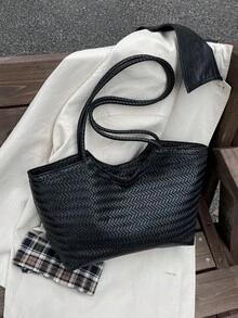 秋冬復古編織紋理壓紋單肩托特包，大容量女款手提購物包，百搭通勤包 - 黑色 - 查看 10