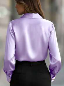 Women's Turn-Down Collar Solid Color Button Front Long Sleeve Casual Shirt - Purple - View 3