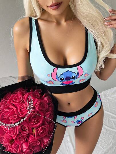 Disney 2 piezas Conjunto de sujetador deportivo para mujer con Stitch, lindo y sexy, suave y amigable con la piel