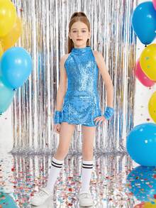 LONTAKIDS Girls Sequins Dance Clothes Dress 4-12 Yrs Sparkle Hip Hop Jazz Dance Outfit, Sleeveless Top And Shorts - 淺藍色 - 查看 2