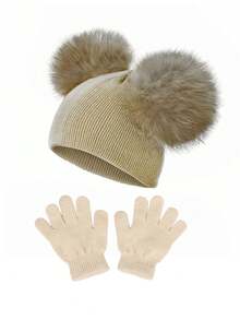 2pcs Kids Knitted Pom Pom Hat + Gloves Set, Toddler Boys Girls Beanie Cap Outdoor Windproof Warm Hat - 1PC - View 7