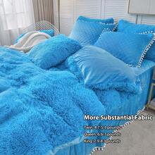Luxury Plush Shaggy Duvet Cover Set Soft Velvet Fluffy Duvet Cover Furry Bedding Comforter Set 1 Faux Fur Fuzzy Duvet Cover + 1 Pompoms Pillow Case Zipper Closure(Twin/Twin XL Blue) - Blue - View 4