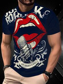 Sexy rote Lippen Buchstaben Muster Herren Große Größen Kurzarm T-Shirt, Lustiges Rock Blau Große Größen Kurzarm T-Shirt, Modischer Sport Kurzarm Top, Sommer - Verschiedenfarbig - Übersicht 5