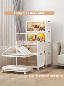 2/3/4/5 Layers    Collapsible Storage Bins With Lids, Folding Storage Box For Home, Kitchen And Office,Stackable Closet Organizer With Wheels, With Doors Cube Storage Containers - White - View 8