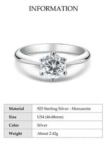 XUJIA 1颗1克拉莫桑石戒指，女士款式，D色，VVS1净度，6.5毫米圆形，完美切割，925纯银经典六爪镶嵌，银婚纪念戒指，结婚纪念日礼物，女士珠宝礼物 - 銀色 - 查看 20