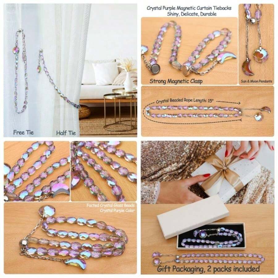 VERSAINSECT Curtain Tiebacks, 2 Pack Beaded Moon Pendants Sheers/Draperies Holdbacks Window Home Office Decor Purple - Morado - Ver 1
