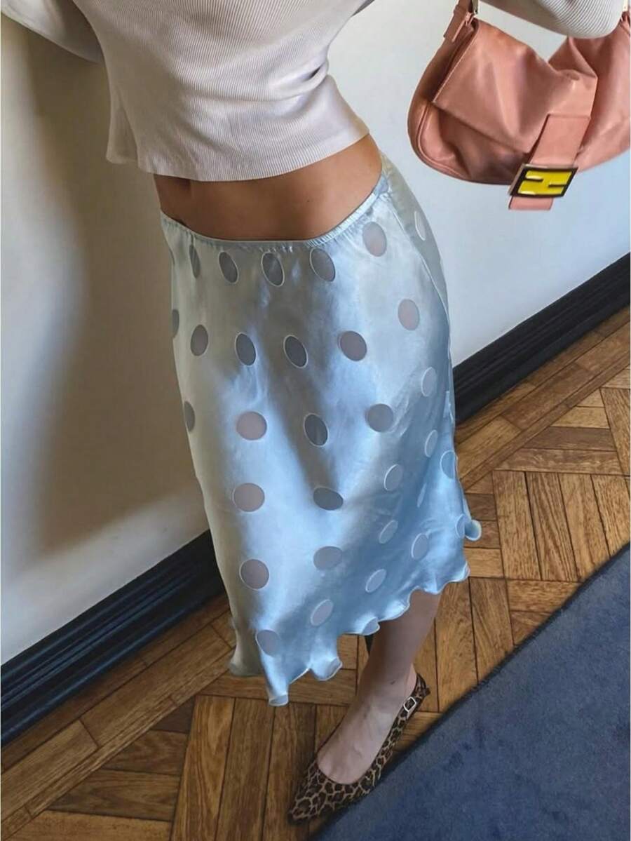 Women Y2k Satin Midi Skirt Polka Dot Print Low Rise Skirt Elastic Waist Casual Straight Summer Going Out Skirts Beach Vacation Vintage Skirts Summer Aesthetic Clothes Streetwear - 藍色 - 查看 1