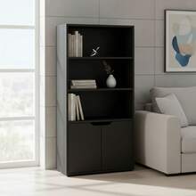 Ecommerc3 MOBLEKIT | Modular Wooden Shelves With Different Compartments And Door Options, Bookcases And Storage Furniture For Bedroom, Kitchen Or Entryway - Black - 4 Levels + Doors | 59*29*120cm - View 6