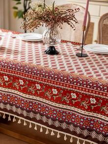1 pièce Nappe rectangulaire bohème, motif géométrique de losanges rouges, décoration de franges beiges, lavable, nappe de table à manger, décoration de dessus de table, décoration de fête, nappe de fête, convient pour les rassemblements, les dîners, les fêtes, toutes les saisons - Rouge - Voir 20
