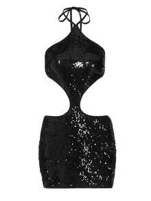 1Pcs Black Sequin Party Dress For Women - Halter Neck Backless Bodycon Mini Dress With Slit - màu đen - Xem 8