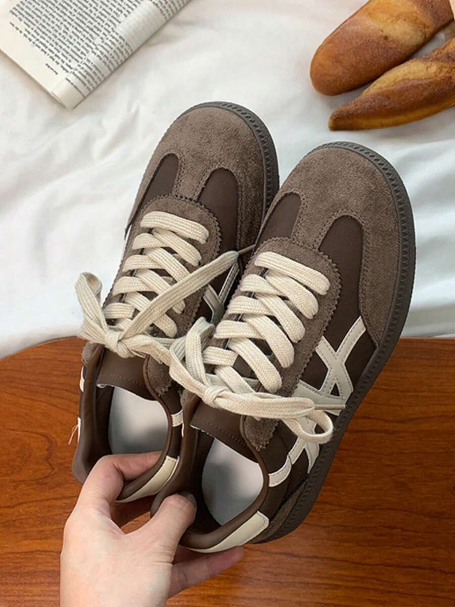 1 Pair 2026 New Casual Sneakers, Spring Training Shoes, White-Brown Color Sports Shoes, Soft & Thick Sole, Not Tiring, Height Increasing & Snug Fit, Versatile For Daily Commute, Suitable For Female Students And Office Workers, Recommended To Refer To Size Chart Before Purchase - 棕色 - 查看 1