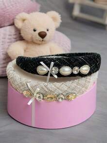 1/2pcs Glittery Geometric Bow Pattern Elegant Court Style Luxury Crystal Satin Foam Bow Crystal Hair Band Hair Accessories Romantic Sweet Girl High Crown Hair Hoop Polyester Fiber Headbands Hairband ,Head Piece Head Accessories