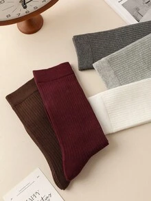 6 Pairs Solid Color Vertical Stripe Slouch Socks, Versatile All-Match Mid-Calf Socks For Women, 1/3/5/6/10 Pairs - Burgundy - View 6