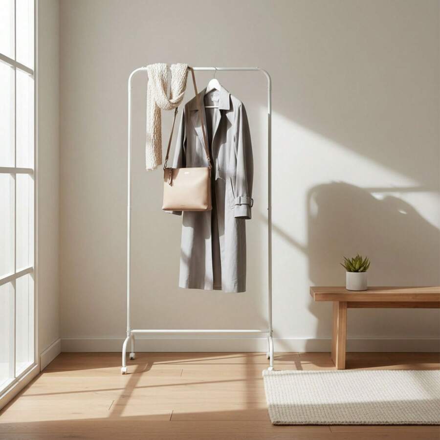 Ecommerc3 MOBLEKIT | Free-Standing And Expandable Clothes Racks In Metal And Wood, Clothing With Adjustable Options, With Wheels Or Shelves, Organizers For Bedroom, Entryway And Home - Rak Mantel Putih 78x44.5x160 cm - View 1