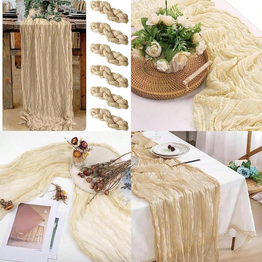 Camino de Mesa de 3. pies/4 Metros de Tela de Queso rústico Transparente , para Boda, Novia, Baby Shower, Fiesta de cumpleaños, decoración de Mesa de Tartas (Pasto Verde, )(6 de color crema) - Multicolor - Ver 1