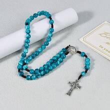 Dây chuyền hạt cầu nguyện màu xanh cổ điển trang nhã, mặt dây chuyền hình thánh giá Đức Mẹ Maria và Chúa Giêsu bằng hợp kim, thích hợp để đeo hàng ngày, lễ Phục Sinh và các dịp đặc biệt. - Màu xanh bạc hà - Xem 2
