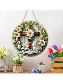 1pc Easter Hanging Decor Egg Wreath Rabbit Holiday Decoration Wooden Round Door Sign