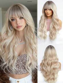 Tóc giả ombre vàng hoe 26 inch cho nữ, tóc giả tự nhiên, chịu nhiệt, tóc giả tổng hợp, tóc gợn sóng có mái, phù hợp cho nữ mặc hàng ngày, đi làm, dự tiệc, quà tặng năm mới. - Vàng - Xem 6