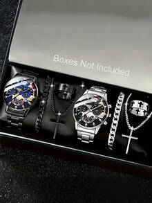 Bộ 8 món đồng hồ nam, đồng hồ thời trang bằng thép không gỉ, mặt số La Mã hiển thị ngày, đồng hồ thạch anh, bao gồm dây chuyền hình thánh giá, vòng tay và nhẫn. Đồng hồ nam, quà tặng dự tiệc, quà tặng kỳ nghỉ biển, quà tặng ngày Valentine, lựa chọn tốt nhất cho cha và chồng, quà Giáng sinh, bộ quà tặng Giáng sinh. - Nhiều màu - Xem 8